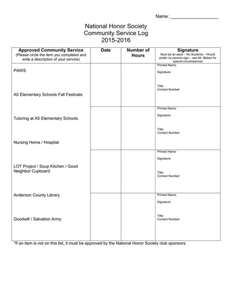 national honor society community service log