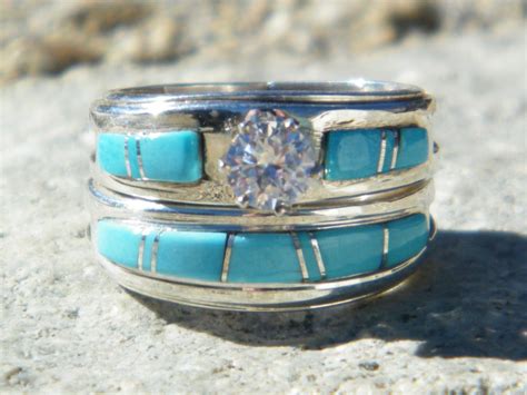 Native American Band Ring with Turquoise Inlay Triangles Size 11