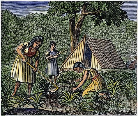 Native American woman and child planting trees