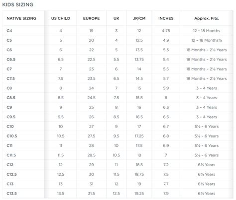 native toddler shoes size chart