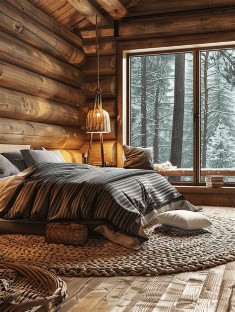 Natural elements in log cabin bedroom