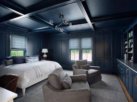 navy blue bedroom with white trim