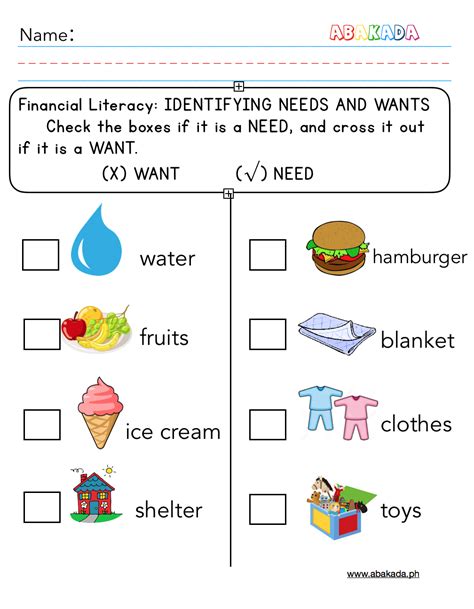 needs and wants worksheet for grade 1