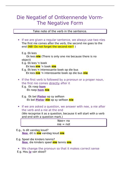 negative form examples in afrikaans with answers