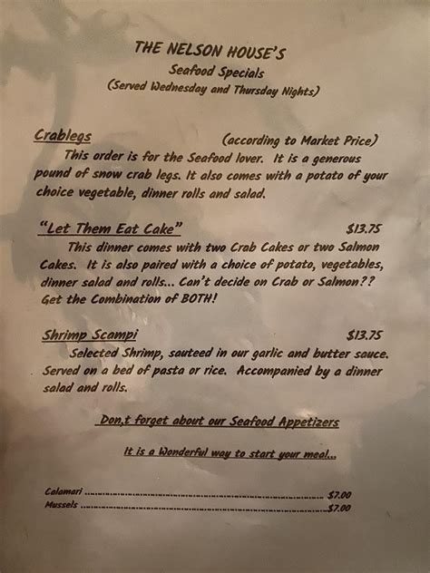 Nelson House Menu