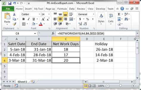 net working days formula excel
