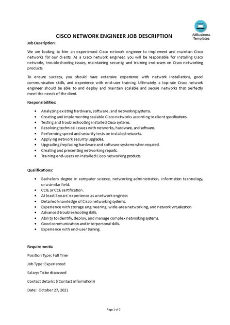 Network Engineer Job Description Cisco