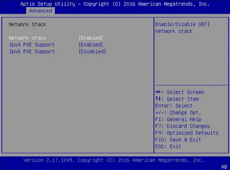 network stack configuration bios