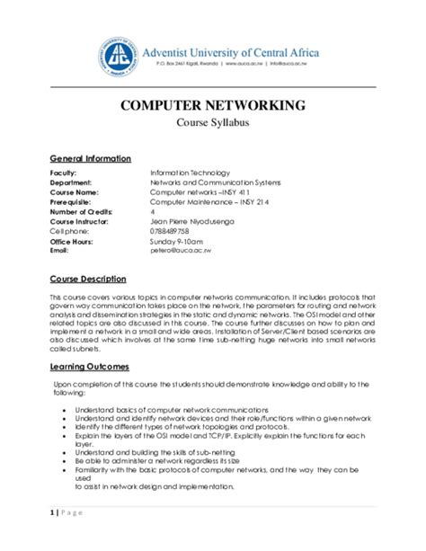 Networking Course Syllabus Pdf