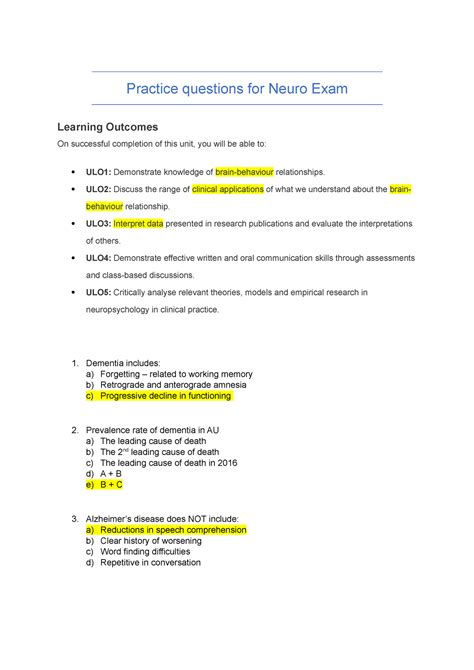 neuro psychiatric exam example questions and answers pdf