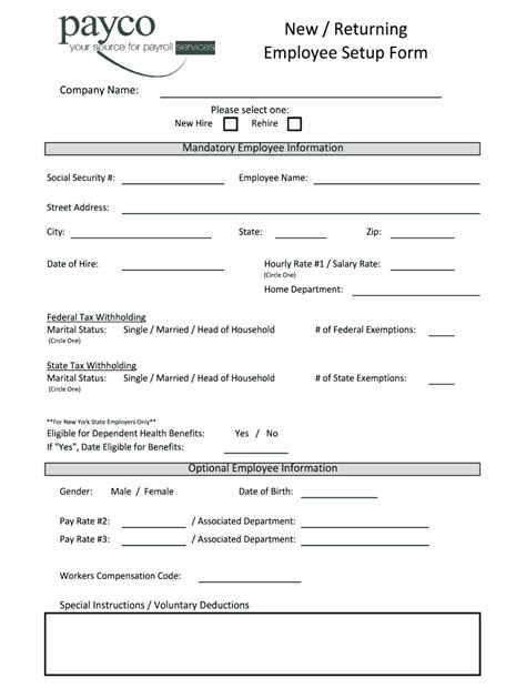 new employee setup form template