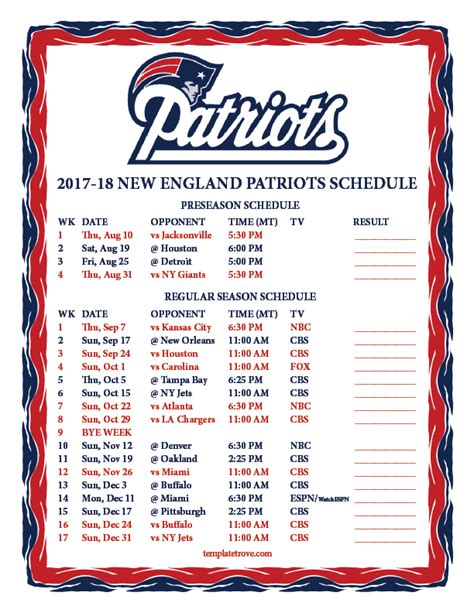 new england patriots schedule 2017
