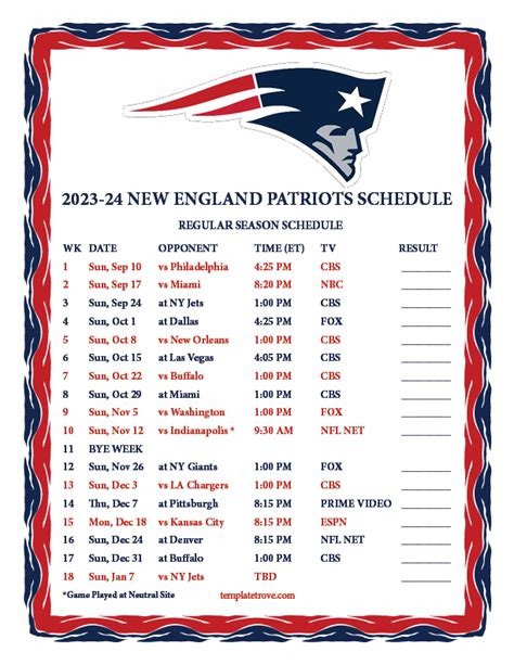 new england patriots schedule for this year