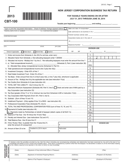 new jersey corporation income tax return