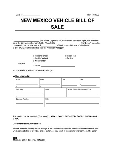 New Mexico Bill Of Sale Form Printable