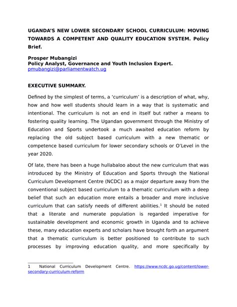 new secondary school curriculum in uganda pdf