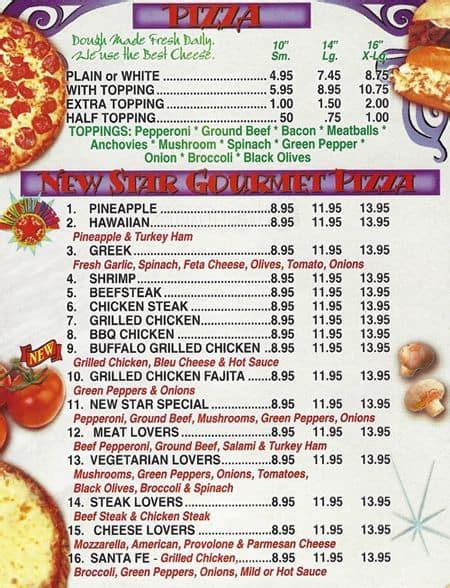 new star pizza menu