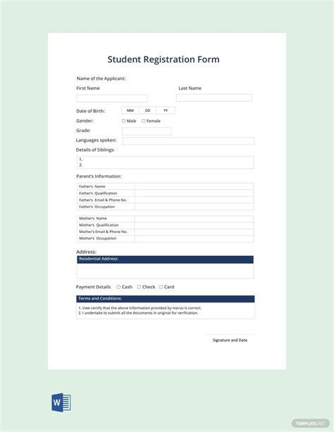new student registration form template