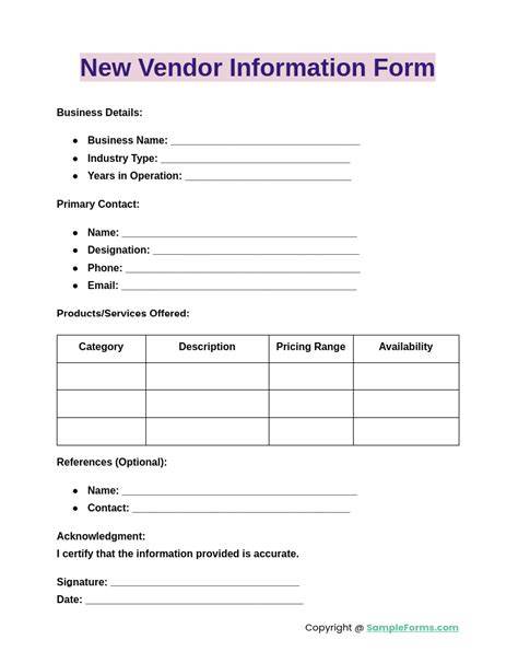 new vendor information form template