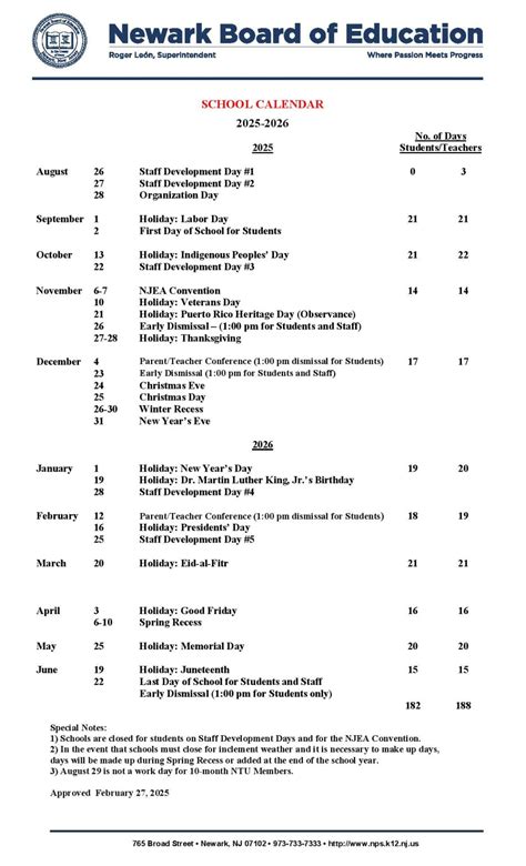 Newark Schools Calendar