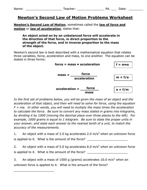newton's second law problem solving worksheet answers physics classroom
