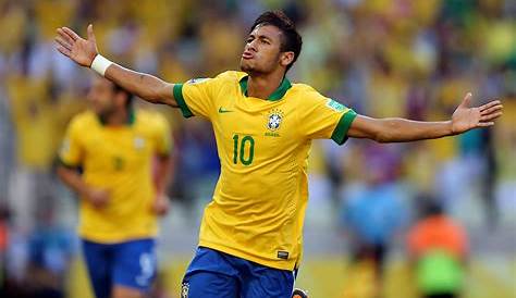 Neymar de Silva Jr. #10 of the Brazil National Soccer Team holds the