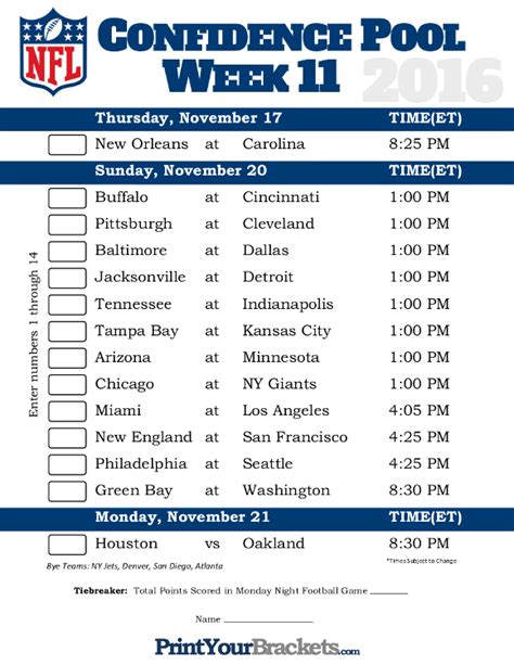 NFL Pick’em Printable Schedule Week 11 NFL Schedule 2021/2022
