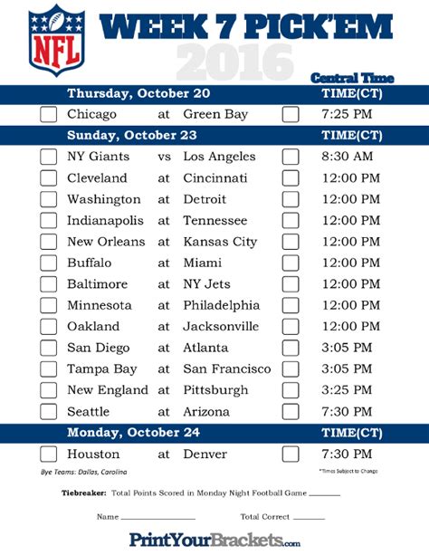 Printable NFL Week 7 Schedule Pick em Office Pool 2016