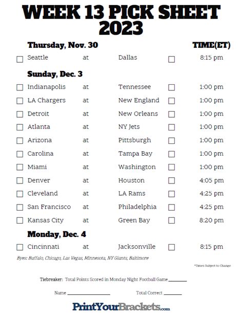 Central Time Week 13 NFL Schedule 2016 Printable