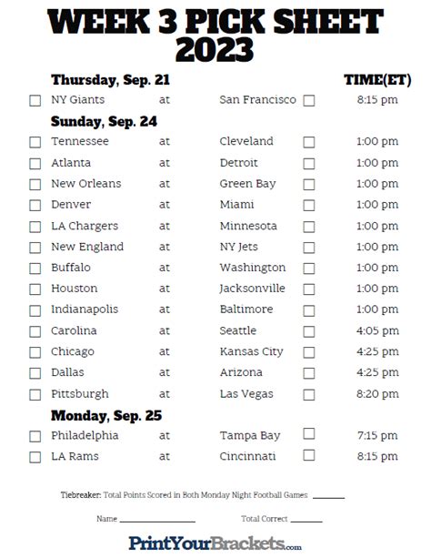 Printable NFL Week 3 Schedule Pick em Pool 2022