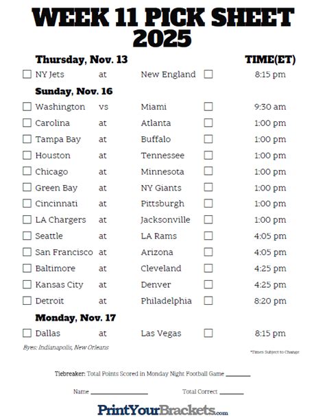 Nfl Picks Printable Week 11