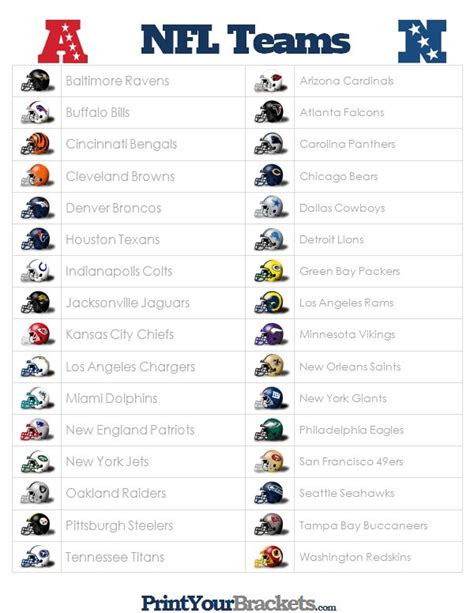 nfl team list by division printable