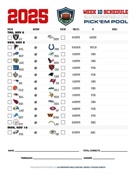 Nfl Week 10 Printable Pick Em