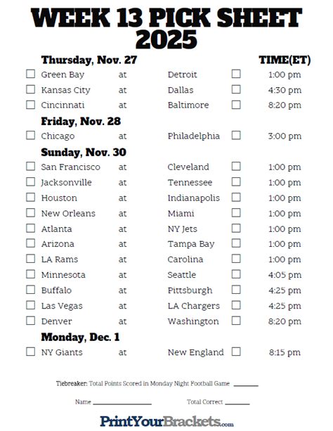 Nfl Week 13 Printable