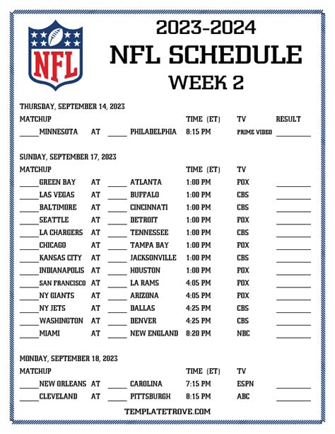 Nfl Week 2 Printable
