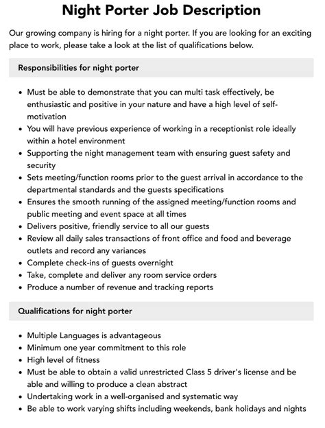 Role of a Night Porter