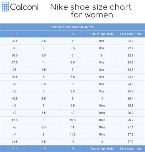 nike shoes size chart for women and kids