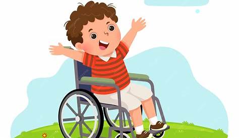 Niños sentados en silla de ruedas, ilustración de dibujos animados de