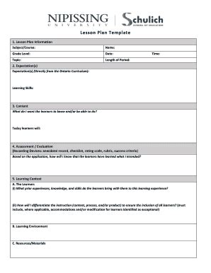 nipissing university lesson plan template