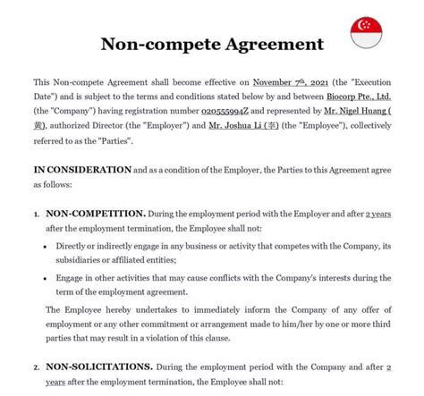 non compete clause singapore sample