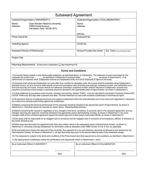 non fdp subaward agreement template