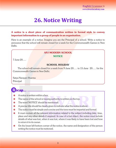 notice writing examples for class 6 with answers