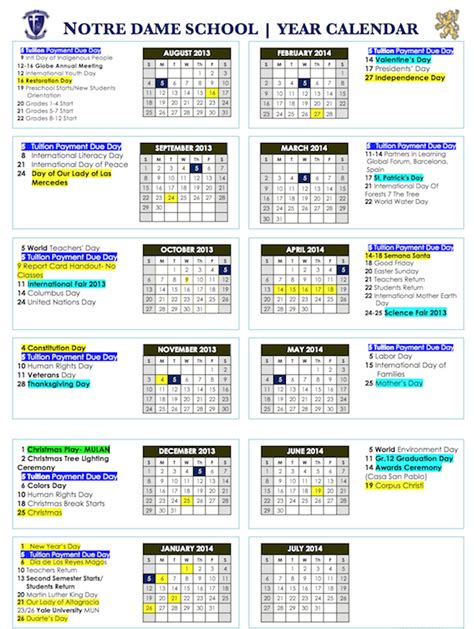 notre dame elementary school calendar