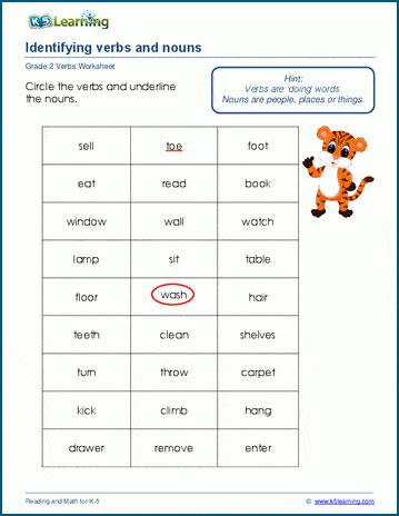 noun and verb worksheet for class 2