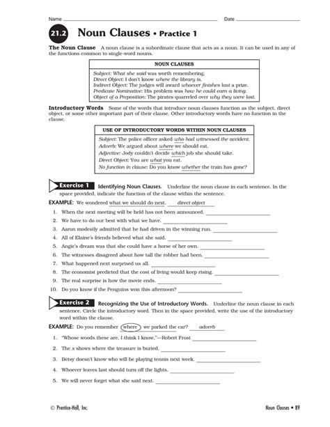 noun clause worksheet pdf