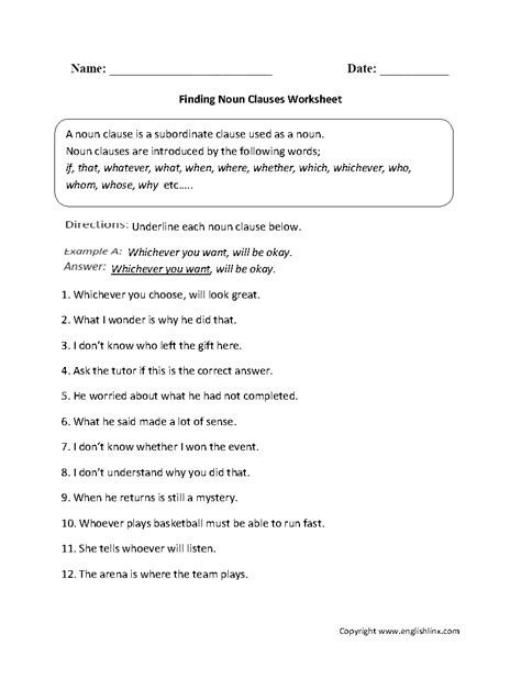noun clauses worksheet with answers pdf