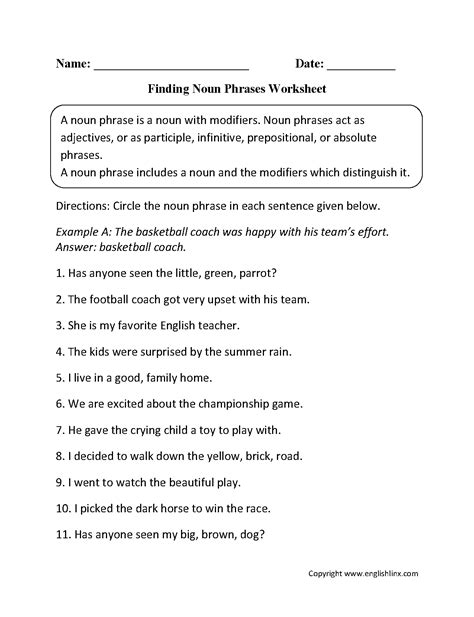 noun phrase worksheet pdf