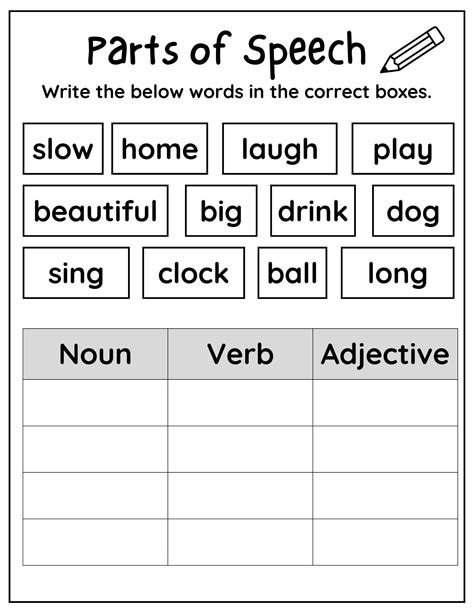noun verb adjective game printable worksheets