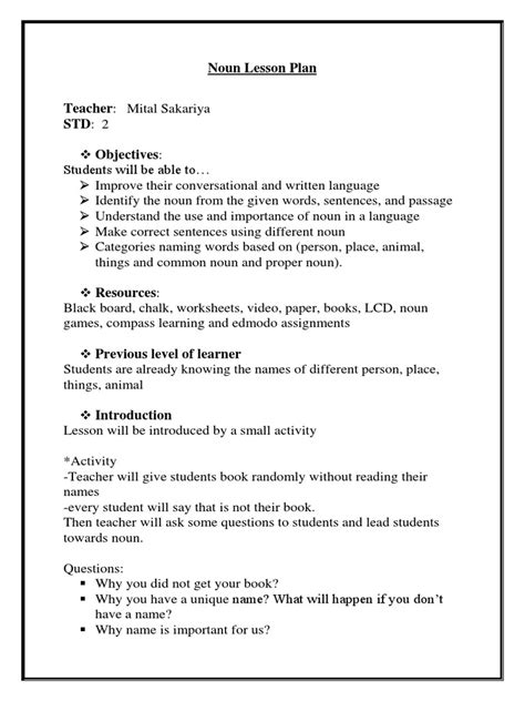 nouns lesson plan grade 7