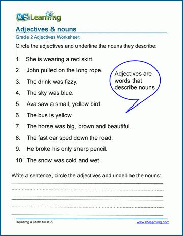 nouns verbs adjectives worksheets for grade 2